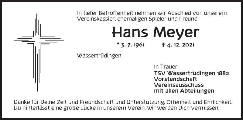  Traueranzeige für Hans Meyer vom 09.12.2021 aus Dinkelsbühl/ Feuchtwangen