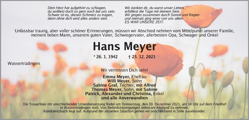  Traueranzeige für Hans Meyer vom 29.12.2021 aus Dinkelsbühl/ Feuchtwangen