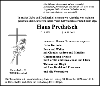 Traueranzeige von Hans Predatsch von Rothenburg