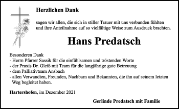 Traueranzeige von Hans Predatsch von Rothenburg