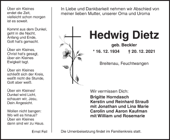 Traueranzeige von Hedwig Dietz von Dinkelsbühl/ Feuchtwangen