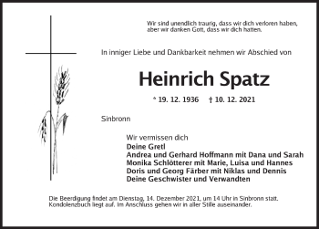 Traueranzeige von Heinrich Spatz von Dinkelsbühl/ Feuchtwangen