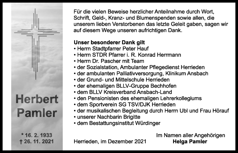  Traueranzeige für Herbert Pamler vom 11.12.2021 aus Ansbach