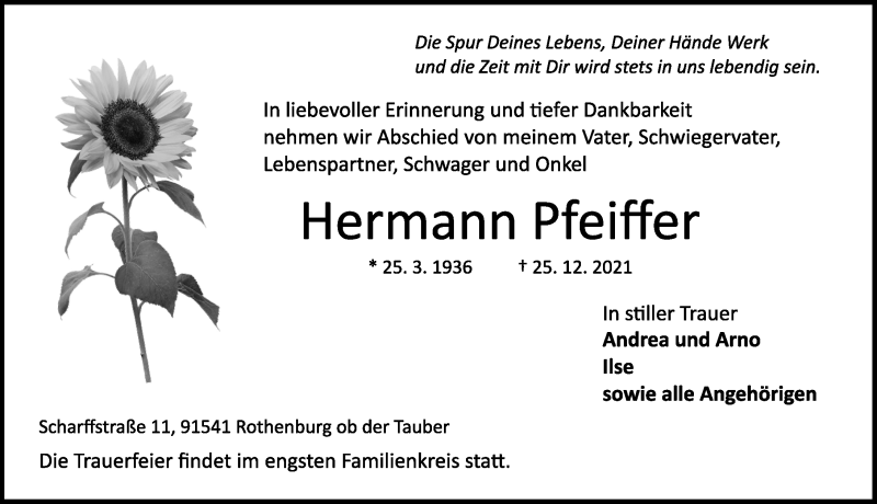  Traueranzeige für Hermann Pfeiffer vom 30.12.2021 aus Rothenburg