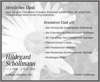 Traueranzeige von Hildegard Schöllmann von Dinkelsbühl/ Feuchtwangen