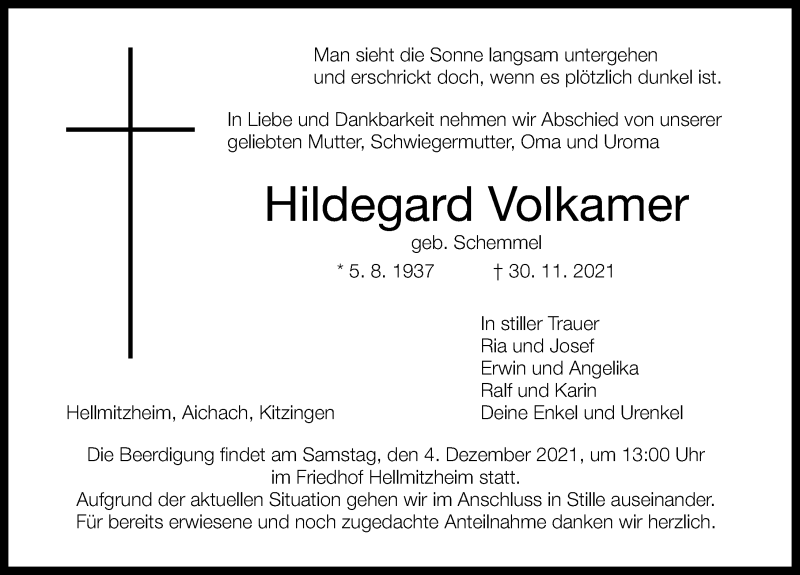  Traueranzeige für Hildegard Volkamer vom 03.12.2021 aus Neustadt/ Scheinfeld/ Uffenheim
