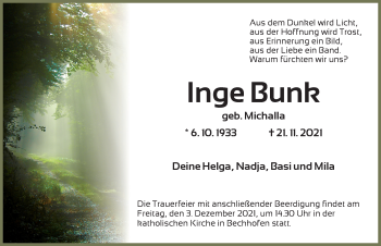 Traueranzeige von Inge Bunk von Dinkelsbühl/ Feuchtwangen