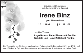 Traueranzeige von Irene Binz von Ansbach