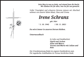 Traueranzeige von Irene Schranz von Neustadt/ Scheinfeld/ Uffenheim