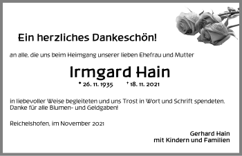 Traueranzeige von Irmgard Hain von Rothenburg