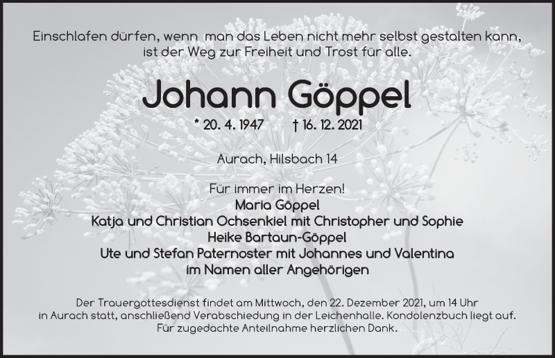  Traueranzeige für Johann Göppel vom 20.12.2021 aus Ansbach