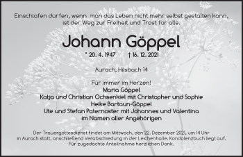 Traueranzeige von Johann Göppel von Ansbach