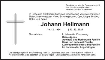 Traueranzeige von Johann Hellmann von Ansbach