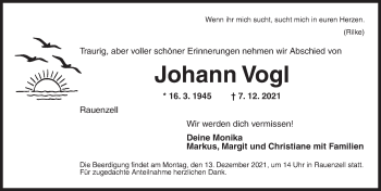 Traueranzeige von Johann Vogl von Ansbach