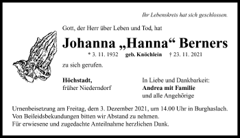 Traueranzeige von Johanna Berners von Neustadt/ Scheinfeld/ Uffenheim