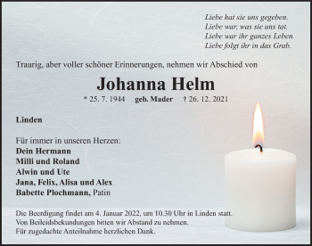 Traueranzeige von Johanna Helm von Neustadt/ Scheinfeld/ Uffenheim