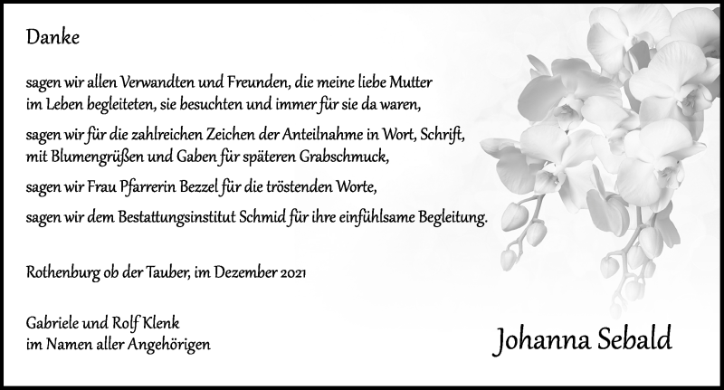  Traueranzeige für Johanna Sebald vom 18.12.2021 aus Rothenburg