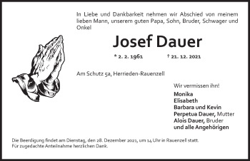 Traueranzeige von Josef Dauer von Ansbach