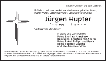 Traueranzeige von Jürgen Hupfer von Ansbach