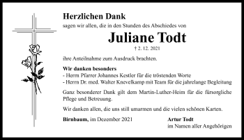 Traueranzeige von Juliane Todt von Neustadt/ Scheinfeld/ Uffenheim