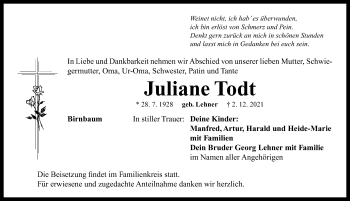 Traueranzeige von Juliane Todt von Neustadt/ Scheinfeld/ Uffenheim