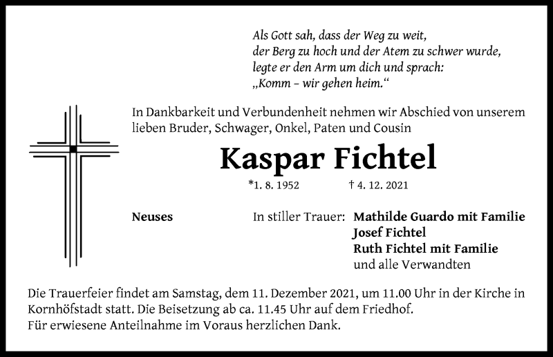  Traueranzeige für Kaspar Fichtel vom 08.12.2021 aus Neustadt/ Scheinfeld/ Uffenheim