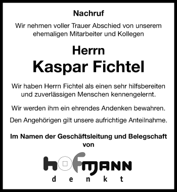 Traueranzeige von Kaspar Fichtel von Neustadt/ Scheinfeld/ Uffenheim