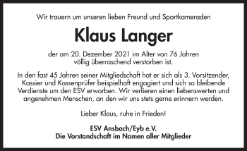 Traueranzeige von Klaus Langer von Ansbach