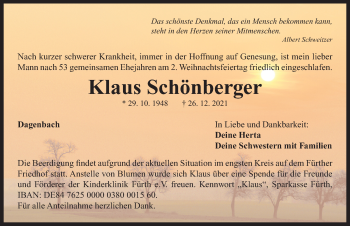 Traueranzeige von Klaus Schönberger von Neustadt/ Scheinfeld/ Uffenheim