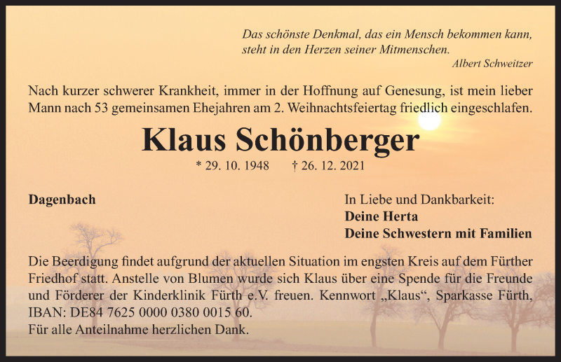  Traueranzeige für Klaus Schönberger vom 31.12.2021 aus Neustadt/ Scheinfeld/ Uffenheim