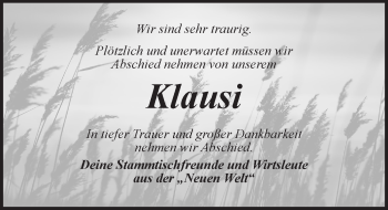 Traueranzeige von Klausi  von Dinkelsbühl/ Feuchtwangen
