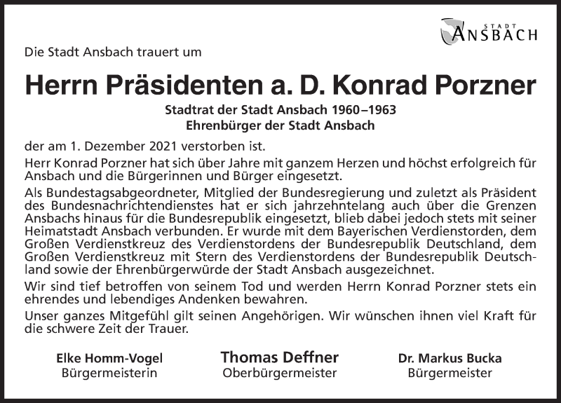  Traueranzeige für Konrad Porzner vom 04.12.2021 aus Ansbach