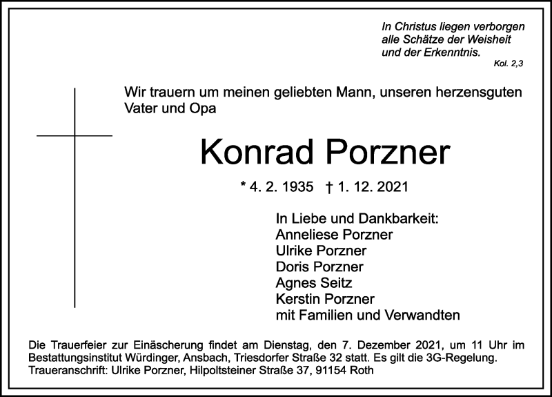  Traueranzeige für Konrad Porzner vom 04.12.2021 aus GE