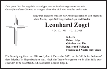 Traueranzeige von Leonhard Zogel von Neustadt/ Scheinfeld/ Uffenheim