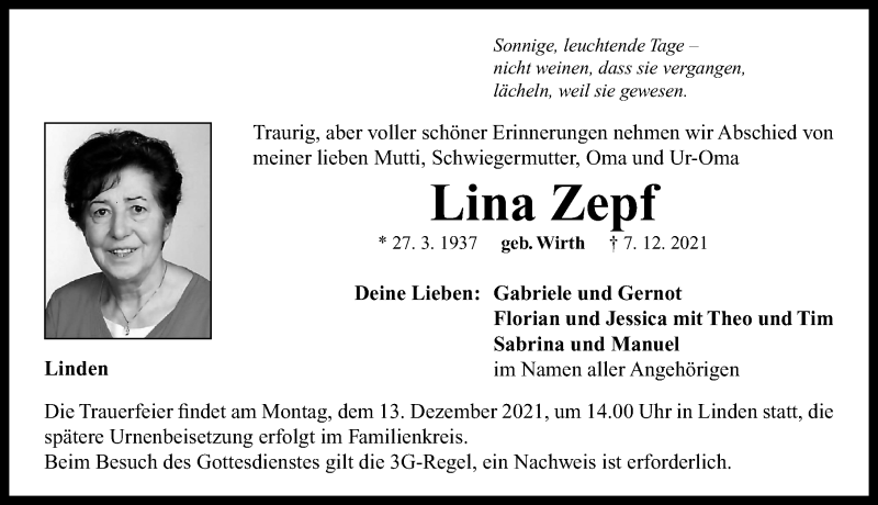  Traueranzeige für Lina Zepf vom 10.12.2021 aus Neustadt/ Scheinfeld/ Uffenheim