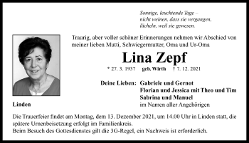 Traueranzeige von Lina Zepf von Neustadt/ Scheinfeld/ Uffenheim