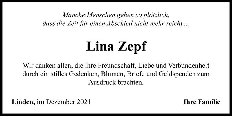  Traueranzeige für Lina Zepf vom 22.12.2021 aus Neustadt/ Scheinfeld/ Uffenheim