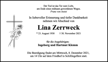 Traueranzeige von Lina Zerrweck von Rothenburg