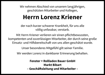 Traueranzeige von Lorenz Kriener von Neustadt/ Scheinfeld/ Uffenheim