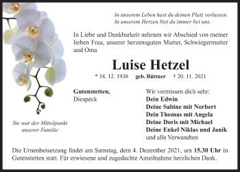 Traueranzeige von Luise Hetzel von Neustadt/ Scheinfeld/ Uffenheim