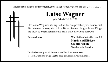 Traueranzeige von Luise Wagner von Neustadt/ Scheinfeld/ Uffenheim