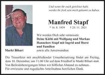 Traueranzeige von Manfred Stapf von Neustadt/ Scheinfeld/ Uffenheim