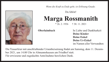 Traueranzeige von Marga Rossmanith von Neustadt/ Scheinfeld/ Uffenheim