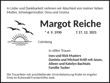 Traueranzeige von Margot Reiche von Ansbach