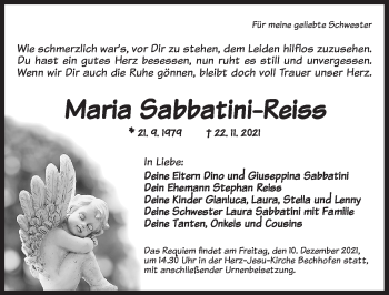 Traueranzeige von Maria Sabbatini-Reiss von Dinkelsbühl/ Feuchtwangen