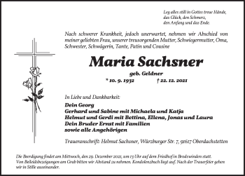 Traueranzeige von Maria Sachsner von Ansbach