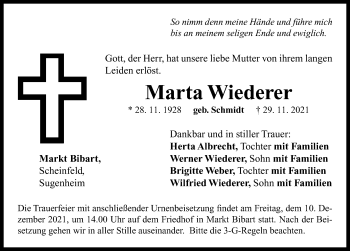 Traueranzeige von Marta Wiederer von Neustadt/ Scheinfeld/ Uffenheim