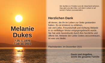 Traueranzeige von Melanie Dukes von Ansbach