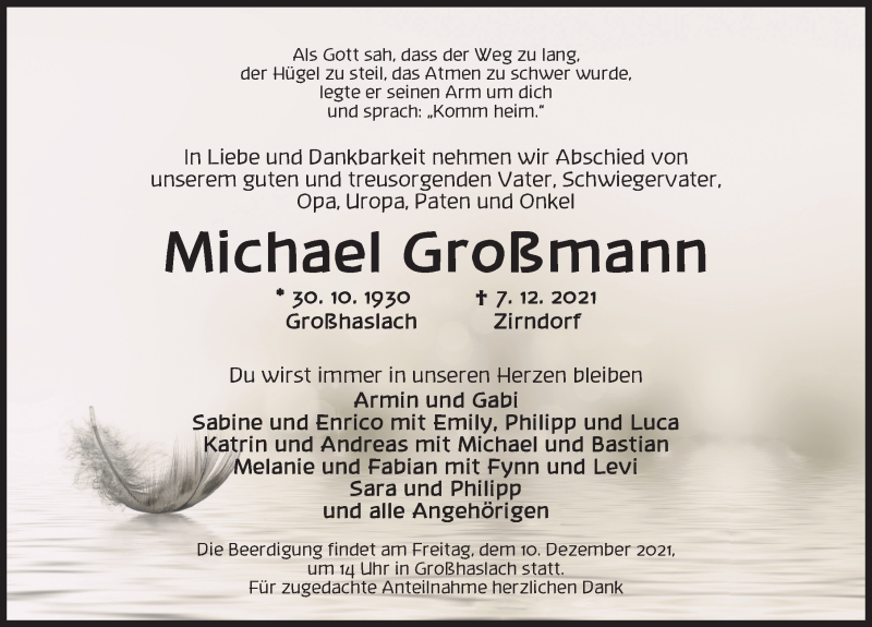  Traueranzeige für Michael Großmann vom 09.12.2021 aus Ansbach