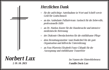 Traueranzeige von Norbert Lux von Ansbach